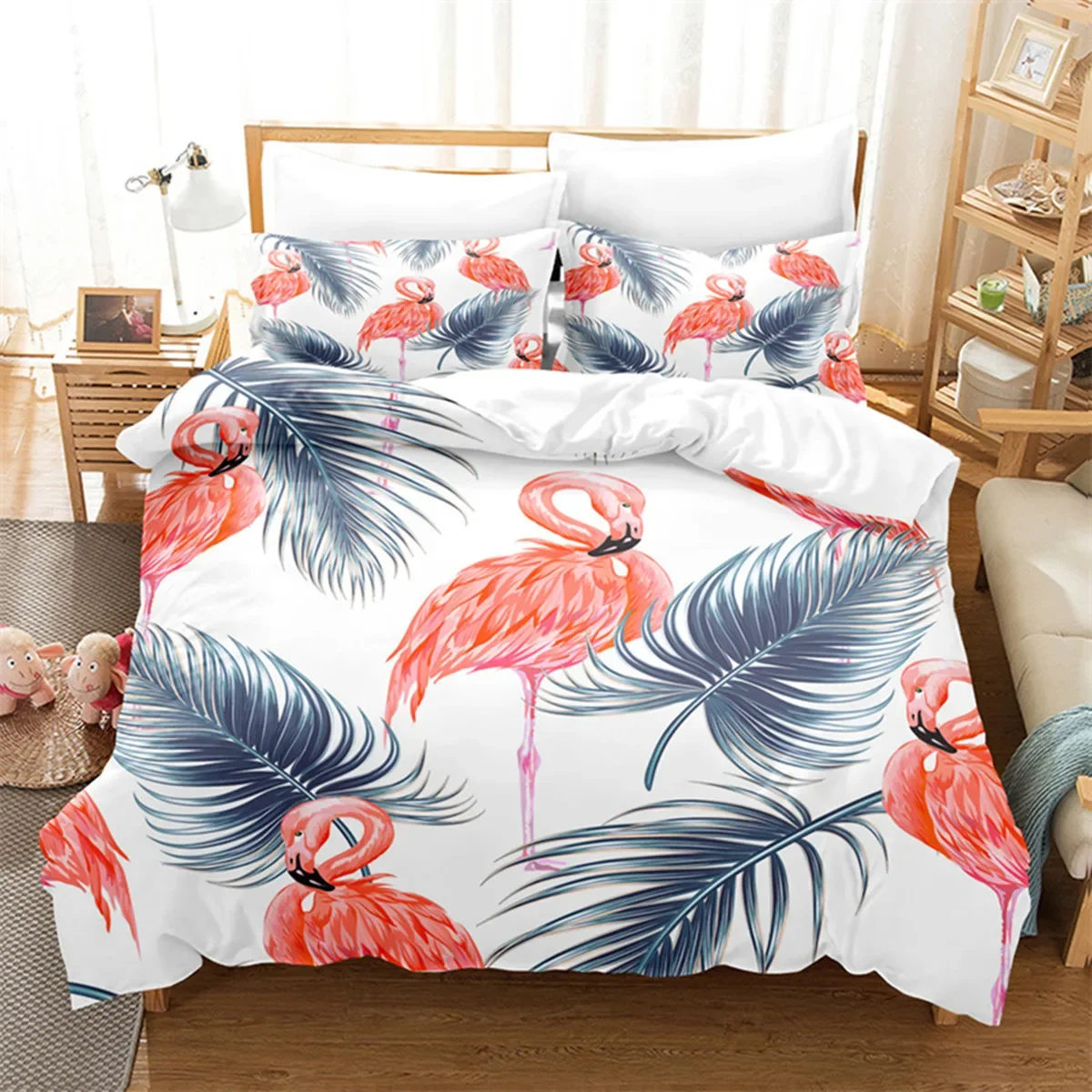 Tropical Floral Palm Leaves Pink Flamingo Duvet Cover Microfiber Summer Hawaiian Wild Animals Theme Room Decor Children Women