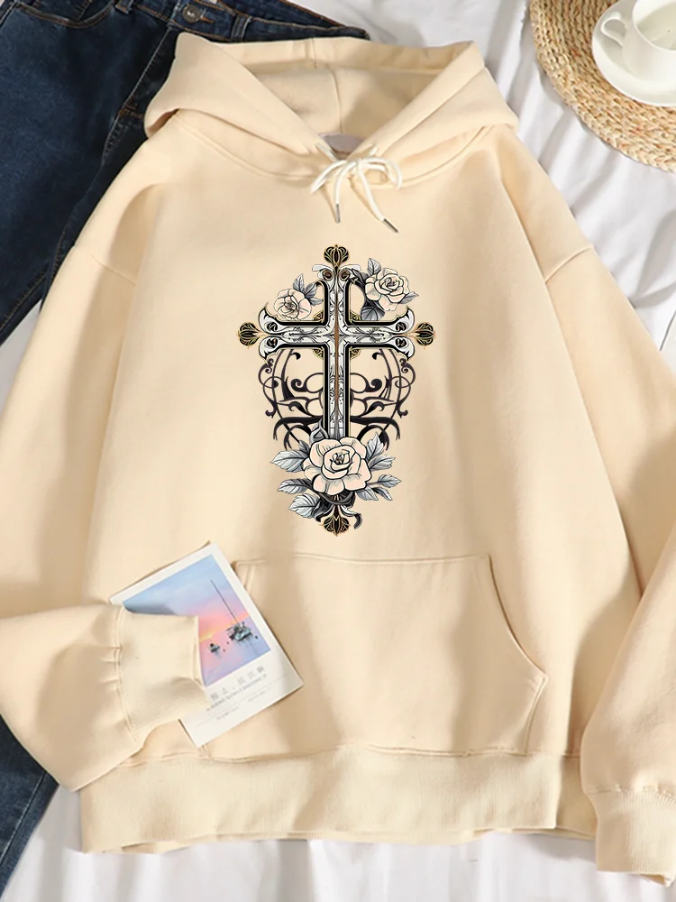 

Vintage Floral Cross Printing Hoodies Women Autumn Casual Soft Hoodie Fashion Oversize Hoody Autumn Warm Fleece Pullover Female