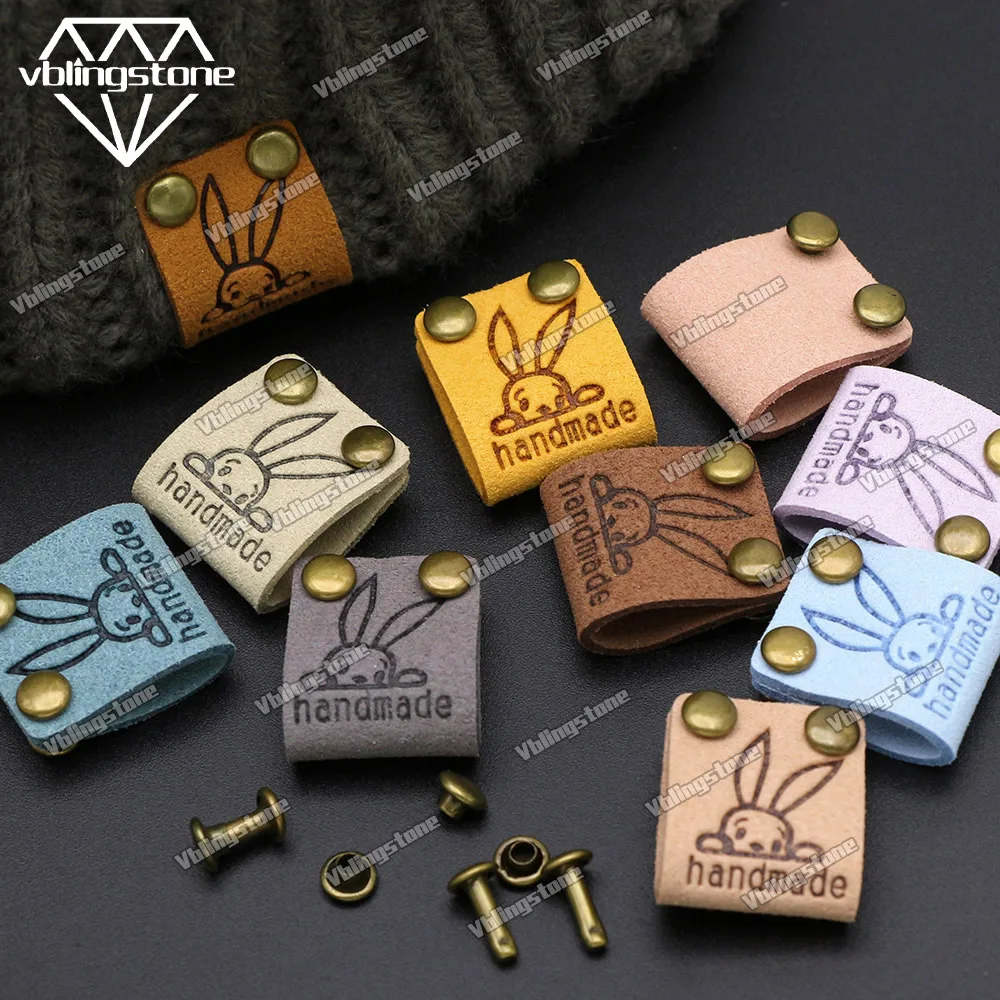 20Pcs Cartoon Cute Rabbit Leather Label Handmade Labels For Clothes Soft Fold Hand Made Tags For Hats Knitted Sew Accessories