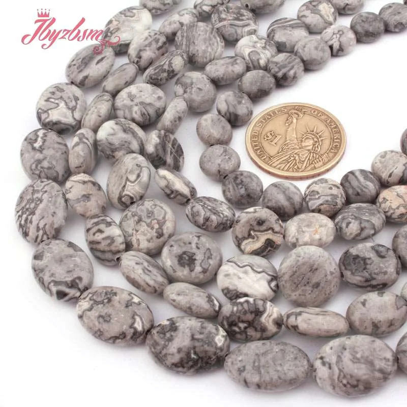 Natural Gray Map Jasper Coin Oval Beads Loose Natural Stone Beads For DIY Jewelry Making Necklace Bracelet Strand 15\