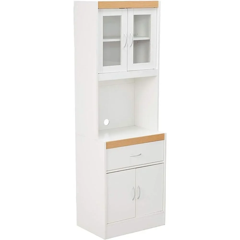 Hodedah Long Standing Kitchen Cabinet with Top and Bottom Enclosed Cabinet Space, One Drawer, Large Open Space for Microwave