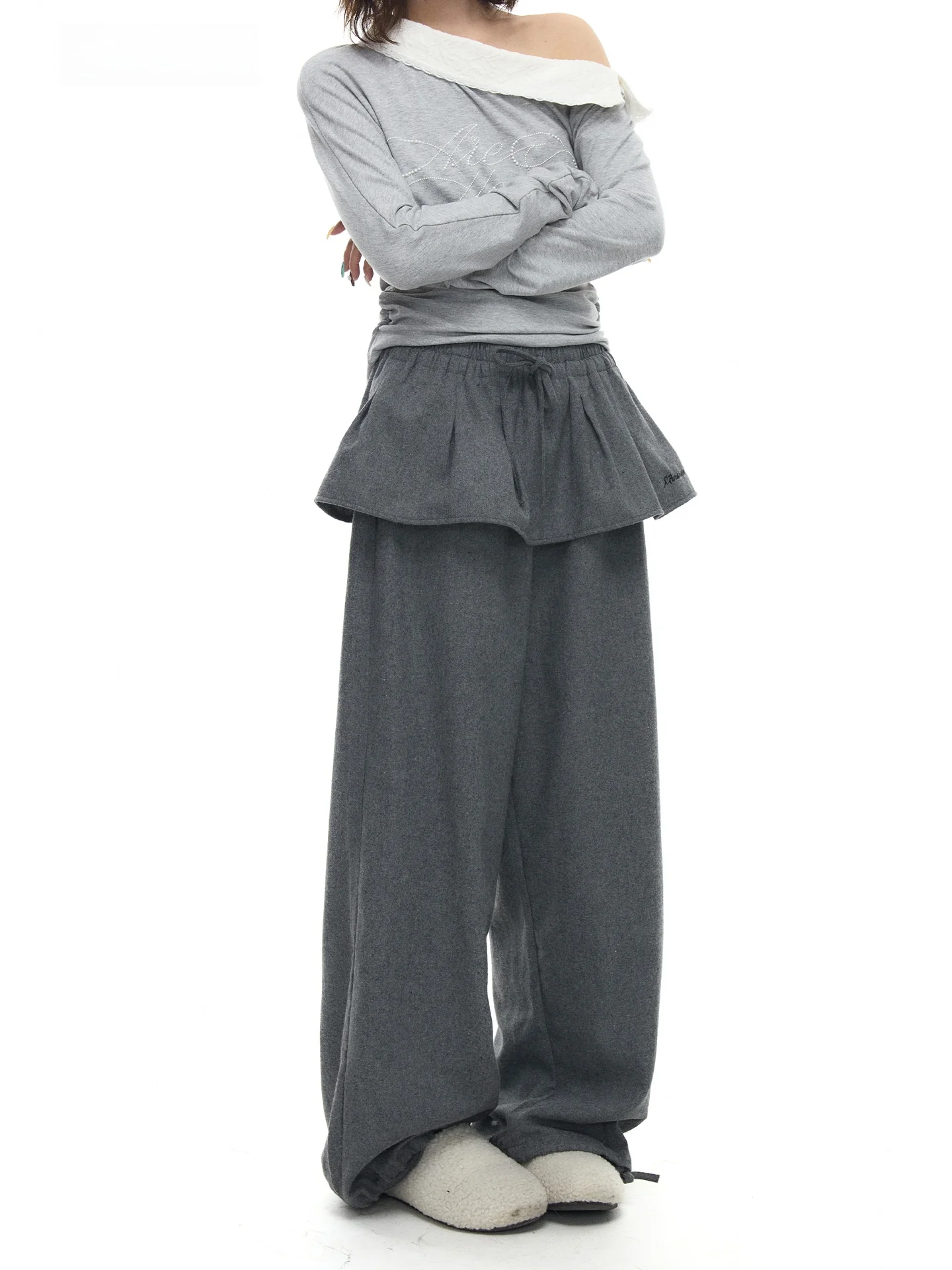 

Astrsk Korean Style Sweet Design Loose Drapey Cheek Curtain Sweatpants Women Casual Versatile Floor-Length Wide Leg Pants