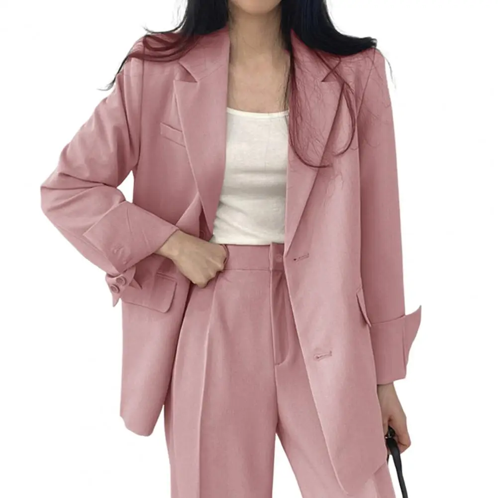 

Women Coat Pants Turn-down Collar Double Button Closure Cardigan Long Sleeve Jacket High Waist Straight Trousers Commute Outfit