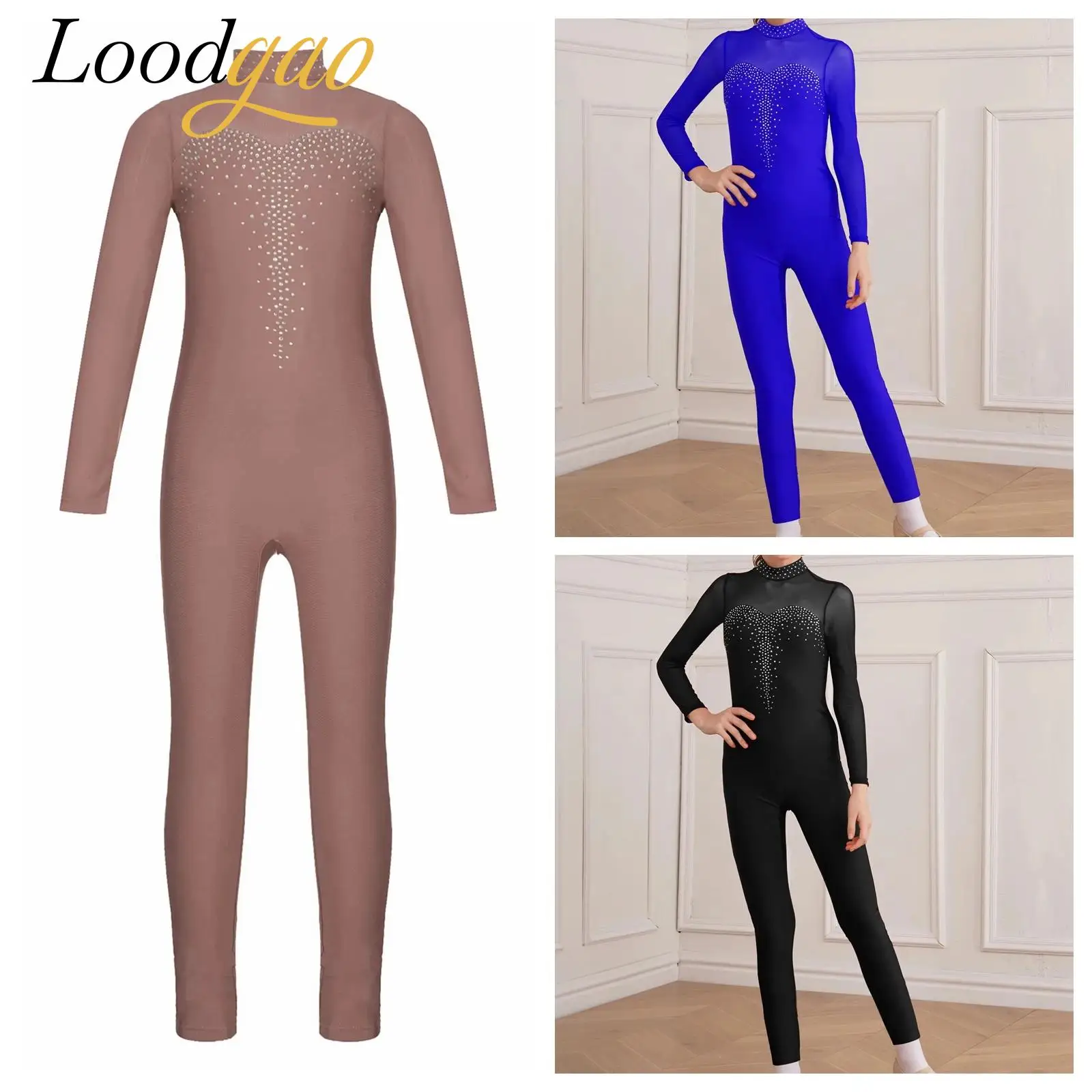 توتو الاطفال التزلج حجر الراين ارتداءها لفتاة بقماش شفاف كم طويل Catsuit الأطفال الجمباز بذلة الباليه Dancewear