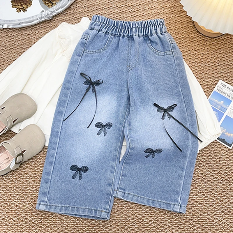 Girls' Jeans Autumn New Bow Korean Style All-Matching Straight Baby Girls' Spring Long Pants