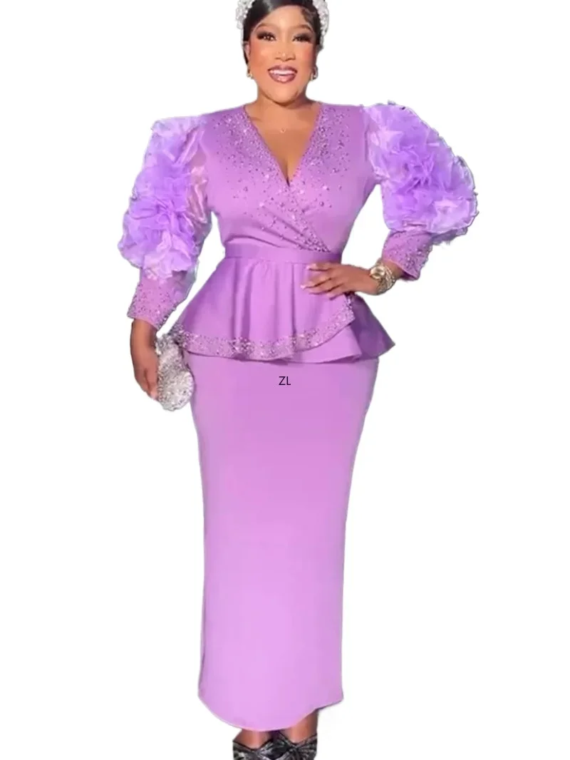 

African Summer Sequined Dresses For Women Elegant White Purple Diamonds Clothing Plus Size Africa Wedding