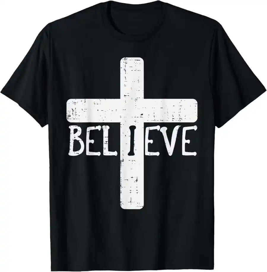 Men's Fashion Print Casual T-Shirt Believe Cross God Jesus Easter Christian Religious Men Women Print