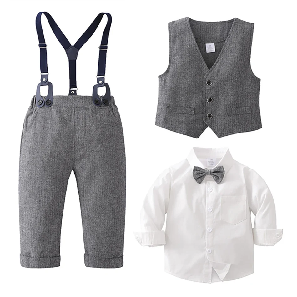 

Children's Bow White Long Sleeved Shirt+Gray Vest+Gray Strap Pants Fashion Gentleman Formal Suit Boy's Birthday Gift Clothing