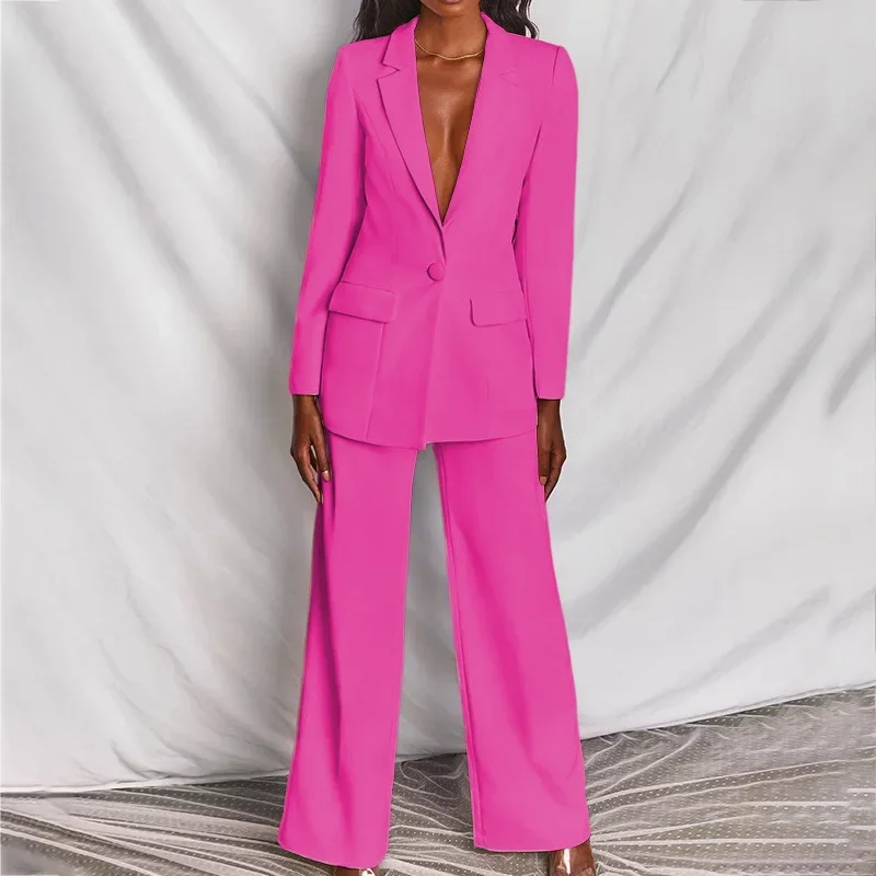 

Autumn New Designer Suit Set Women's Single Button Slim Fit Blazer Flare Pants Suit Two-piece Hot Pink Ladies OL Street Outfit