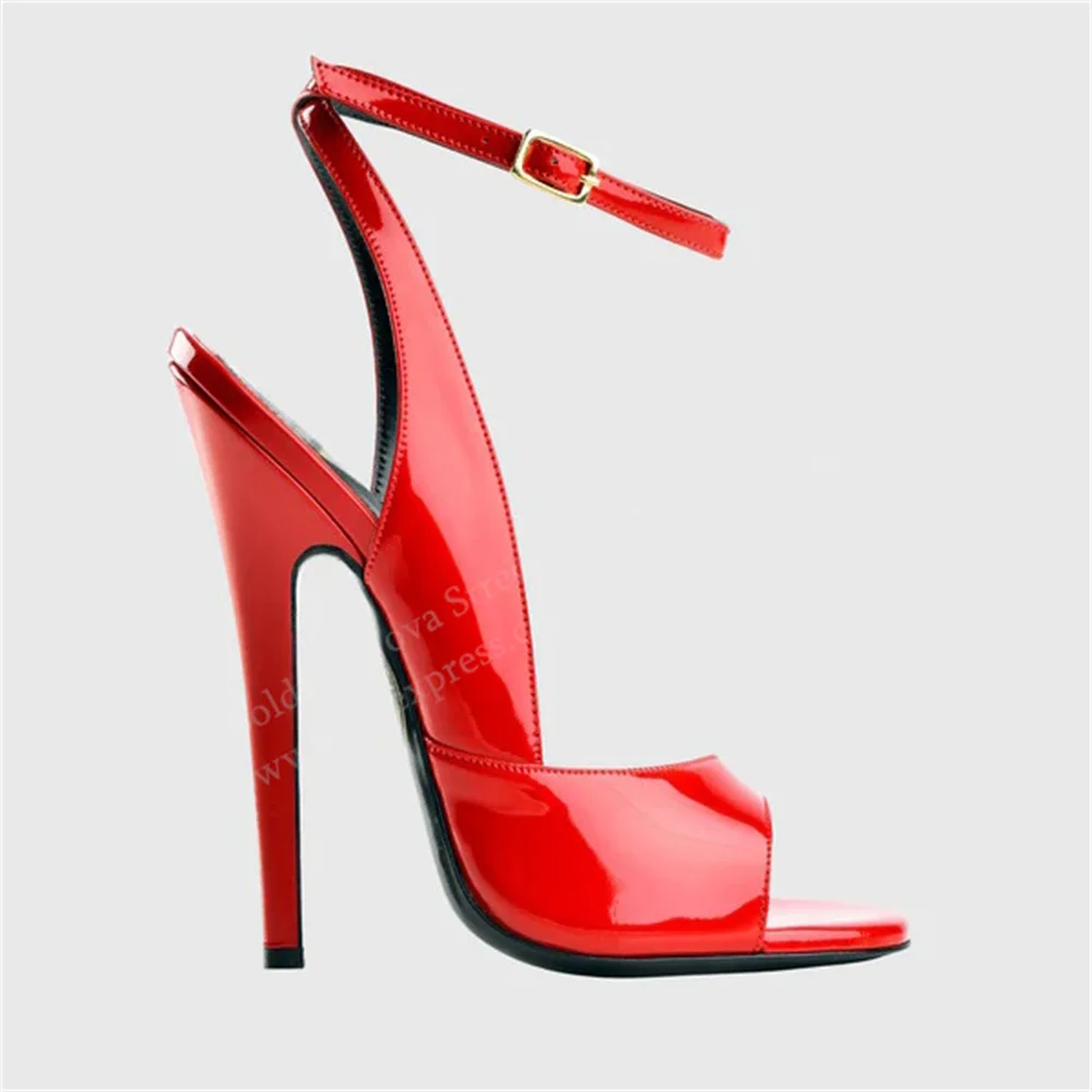 16cm Gold Patent Leather High Heel Sandals Women Open Toe Stiletto Heel Slingback Buckle Strap Plus Size Can Be Customized Pumps view 4