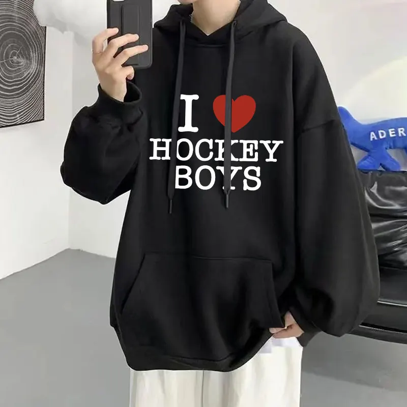 I Love Hockey Boys Funny Graphic Hoodie Men Women Trendy Oversized Pullovers Casual Hip Hop Fleece Hooded Sweatshirt Streetwear