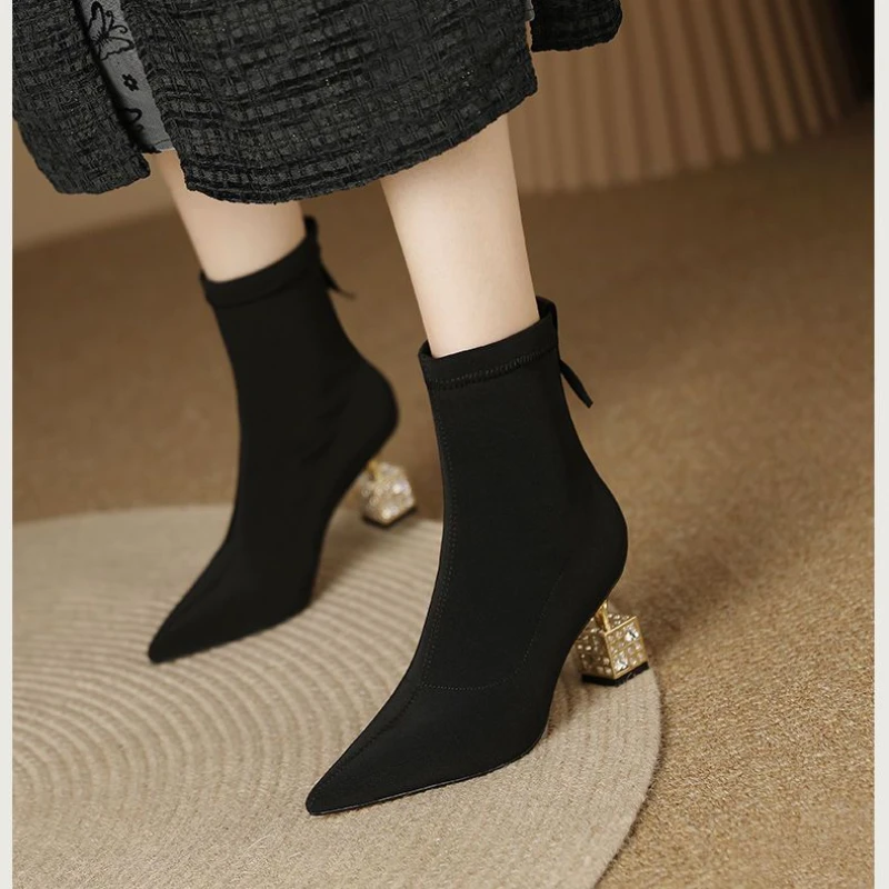 2023 Spring and Autumn New Pointed Fashion Women\'s Elastic Boots Black Cover Wear Versatile Comfortable Short Boots for Women