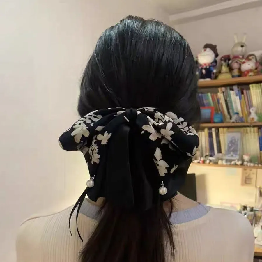 

Black Ink Floral Bow Hair Claw Clip Ribbon Elegant Half Up Ponytail Accessory for Women Daily Home