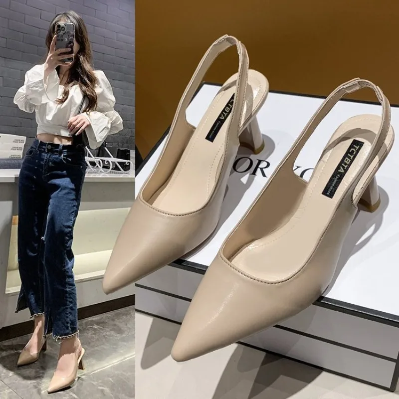 Women High Heeled Sandals Summer New Fashion Women Thick Heel Pointed Toe Black Work Toe Back Empty High Heeled Sandals