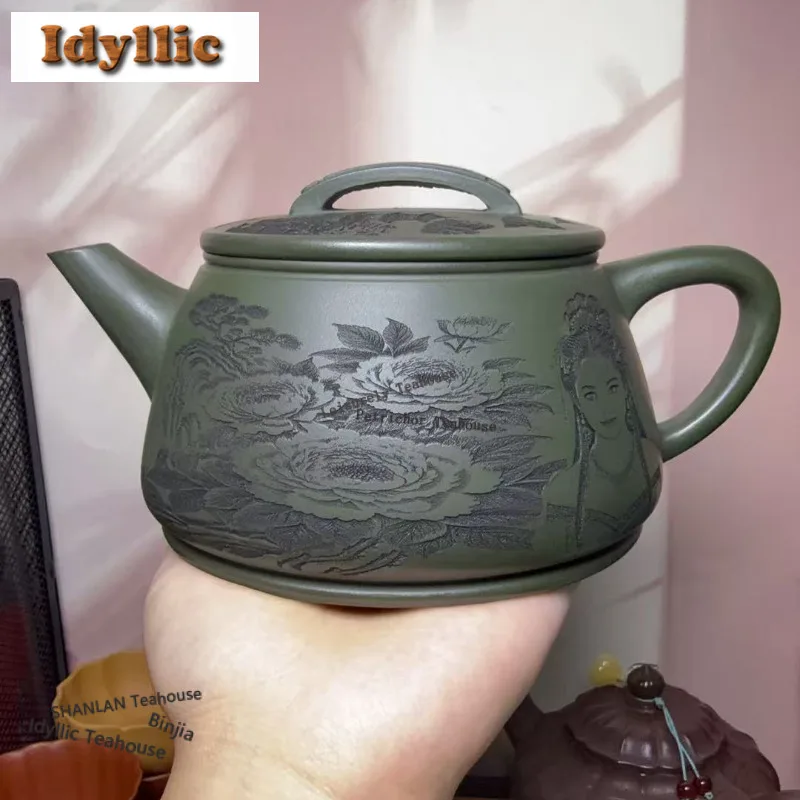 620ml Vintage Yixing Purple Clay Teapots Handmade Large Caliber Pot Raw Ore Green Mud Kettle Zisha Teaset Tea Services Ornaments