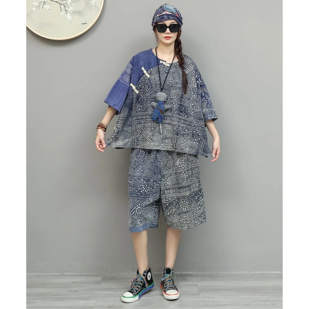 

Vintage Blue-dyed Fabric Patchwork Suit Women Short-sleeve Top + Loose Wide Leg Pant Two Piece Set XY250