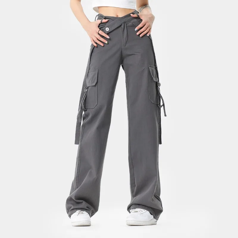 OR FL Trendy Brand Personality 100 Cotton Women Cargo Trousers Ribbon Decoration Cross Waist Seal Japanese style Staraight Pants