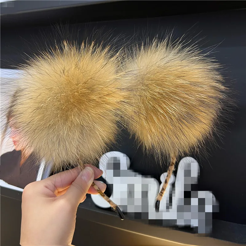 Lovely Cat Ear Hairband Real Raccoon Fur Pompom Headband hair Hoop Solid Color Fluffy Hair Accessories for Women