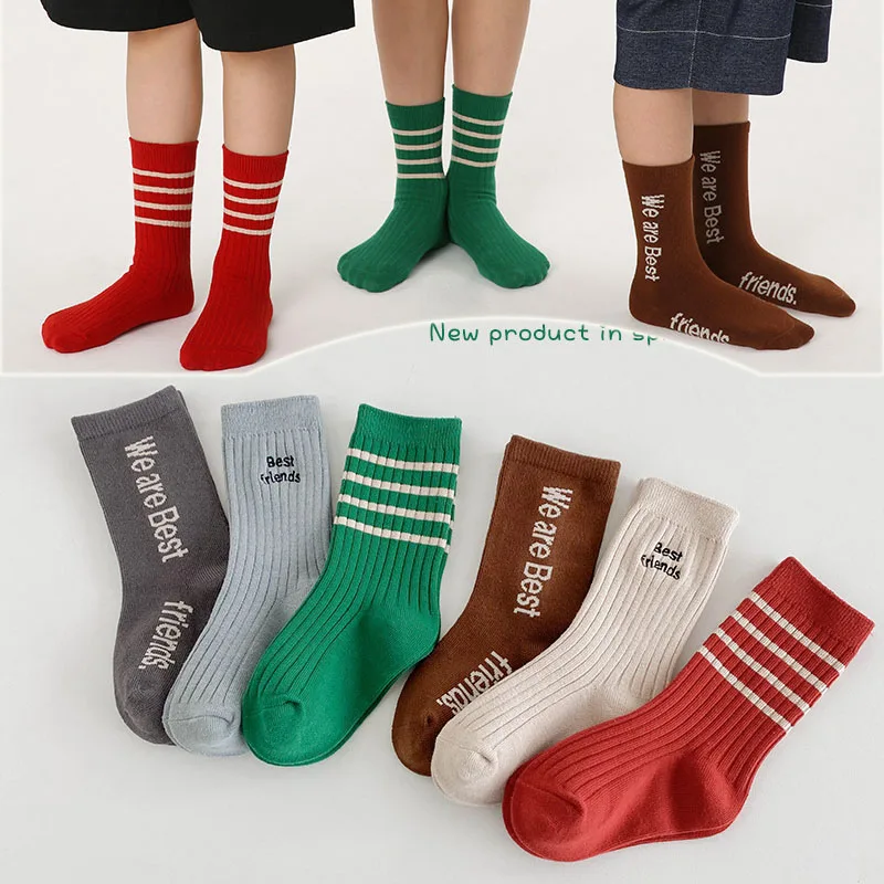 Kids Solid With Striped Socks Children Spring Autumn Cotton Socks Calf Length 3-12 year-old Baby Boys Girls Fashion Sport Sock