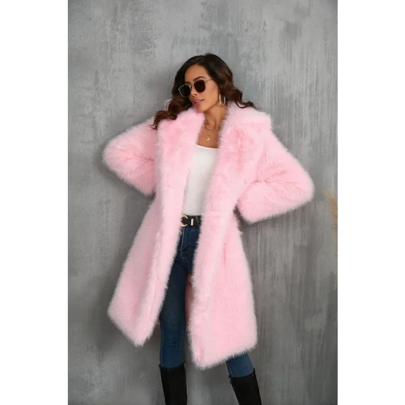 Casaco Faux Fur de luxo para mulheres, casaco longo quente, lapela peludo, Streetwear Cardigan, Casacos grossos à prova de vento, roupas de inverno