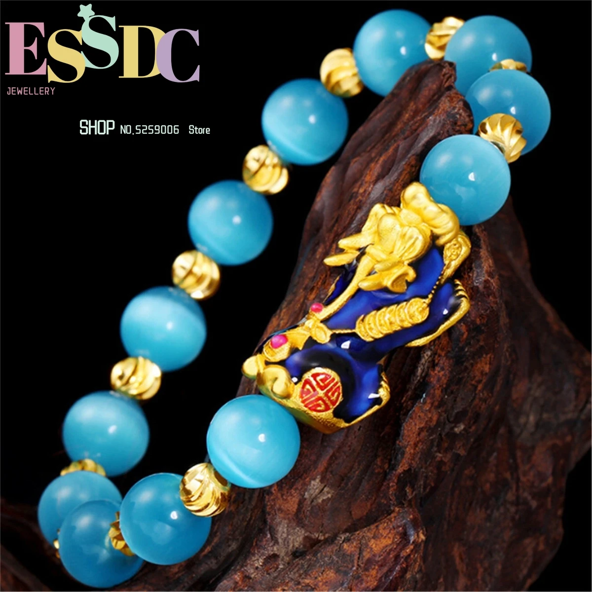 

Natural 10mm Blue Cat's Eye Stone Vietnam Fancy Change Color Pixiu Charm Bracelet Women's Lucky DIY Sand Gold Beaded Bracelets