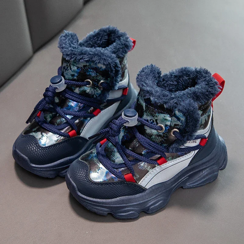 

Winter Snow Boots Children PU Leather Waterproof Teenager Kid's Plush Boots Thick Warm Cotton Shoes For Boys Velvet Shoes