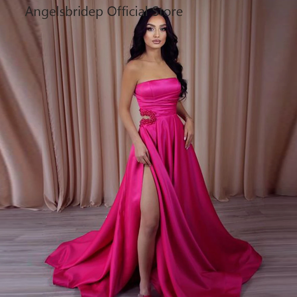 

Angelsbridep Fuchsia Strapless A-line Prom Dresses Luxury Pearls Leg Slit Robes De Soirée Party Dresses Formal Occasion Dresses