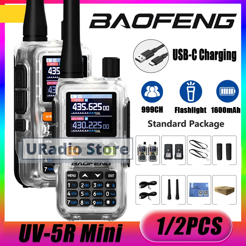 1/2PCS Baofeng UV-5R Mini Walkie Talkie Transparent Color AM FM Bluetooth Programming Type-C For Camping Ham Radio Upgrade UV-5R