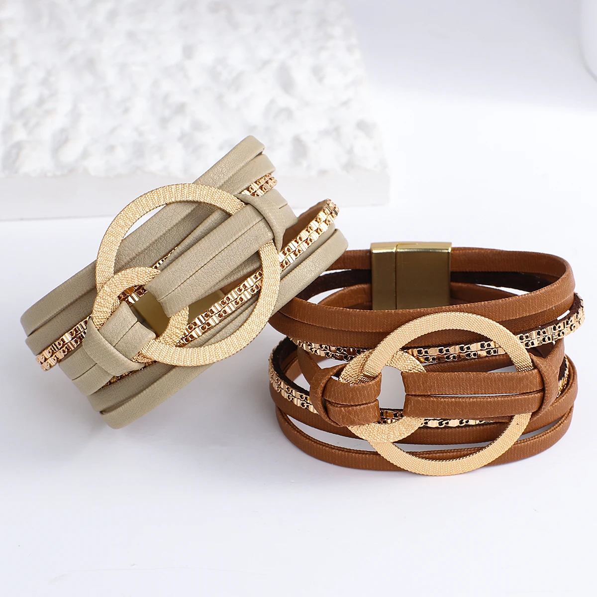 

Amorcome Classic Hollowed Out Large Circular Leather Bracelet for Women Multilayer Wrapped Coffee Colored Bangle Jewelry Gift