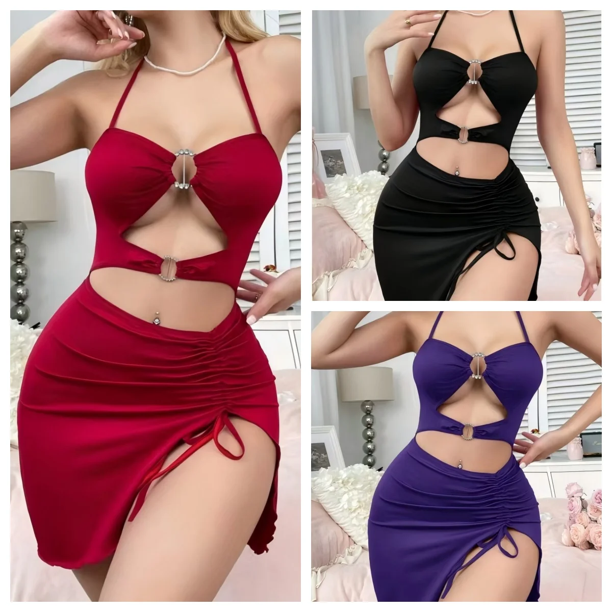 

Сексуальная красная кружевная Babydoll с бретелькой на шее ​ с вырезом и металлической пряжкой — прозрачная сорочка с высоким разрезом и боковой завязкой, ночь на День святого Валентина