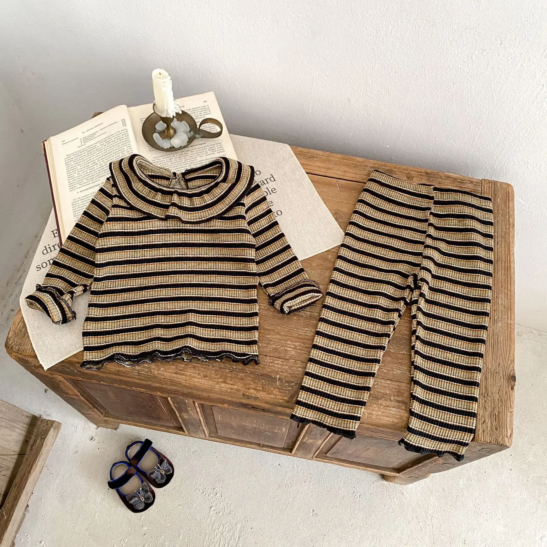 

Girls Set 2024 Autumn New Baby Girls Home Clothes Striped Lotus Leaf Collar Long Sleeve Top Pants 2-piece Set