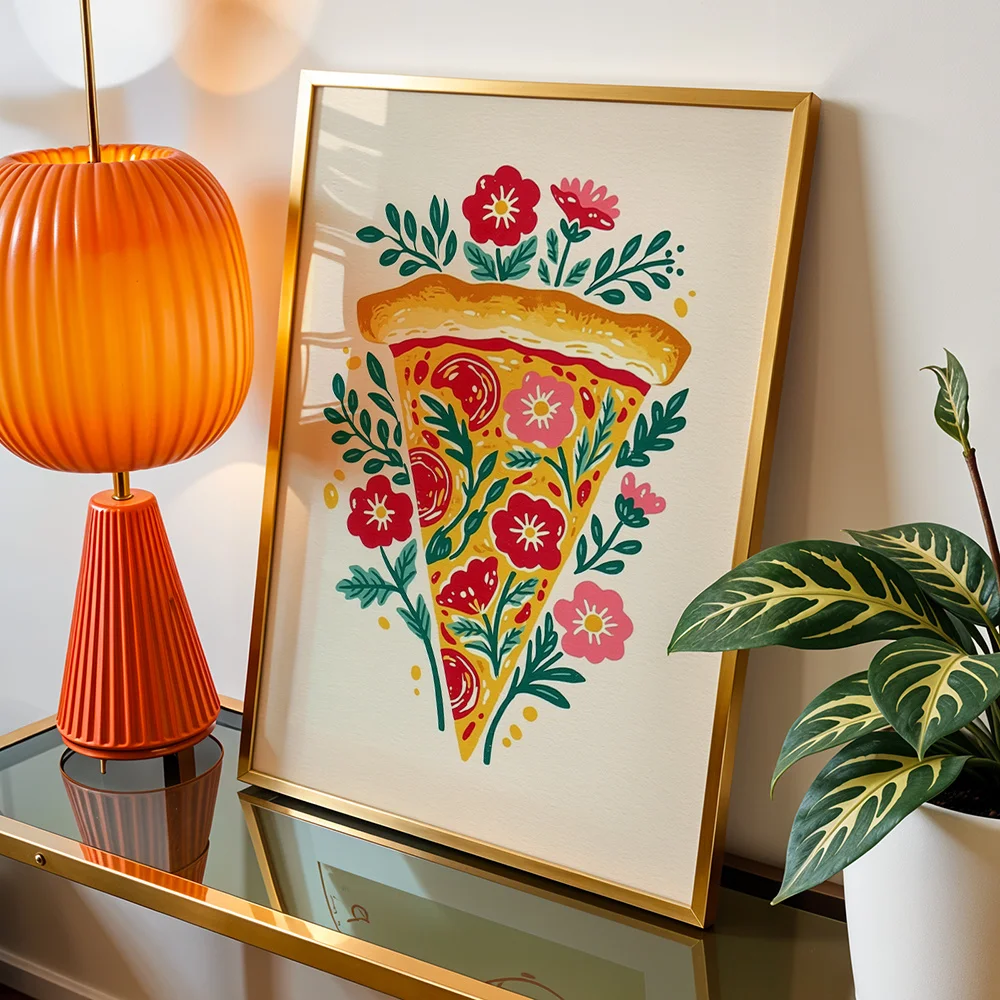 Abstract floral pizza illustration canvas decorative painting, 2D printed poster, living room and dining room home decoration