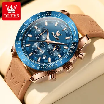 OLEVS new original men&#x27;s quartz watch brown leather strap date calendar moon phase waterproof luminous quartz watch for men