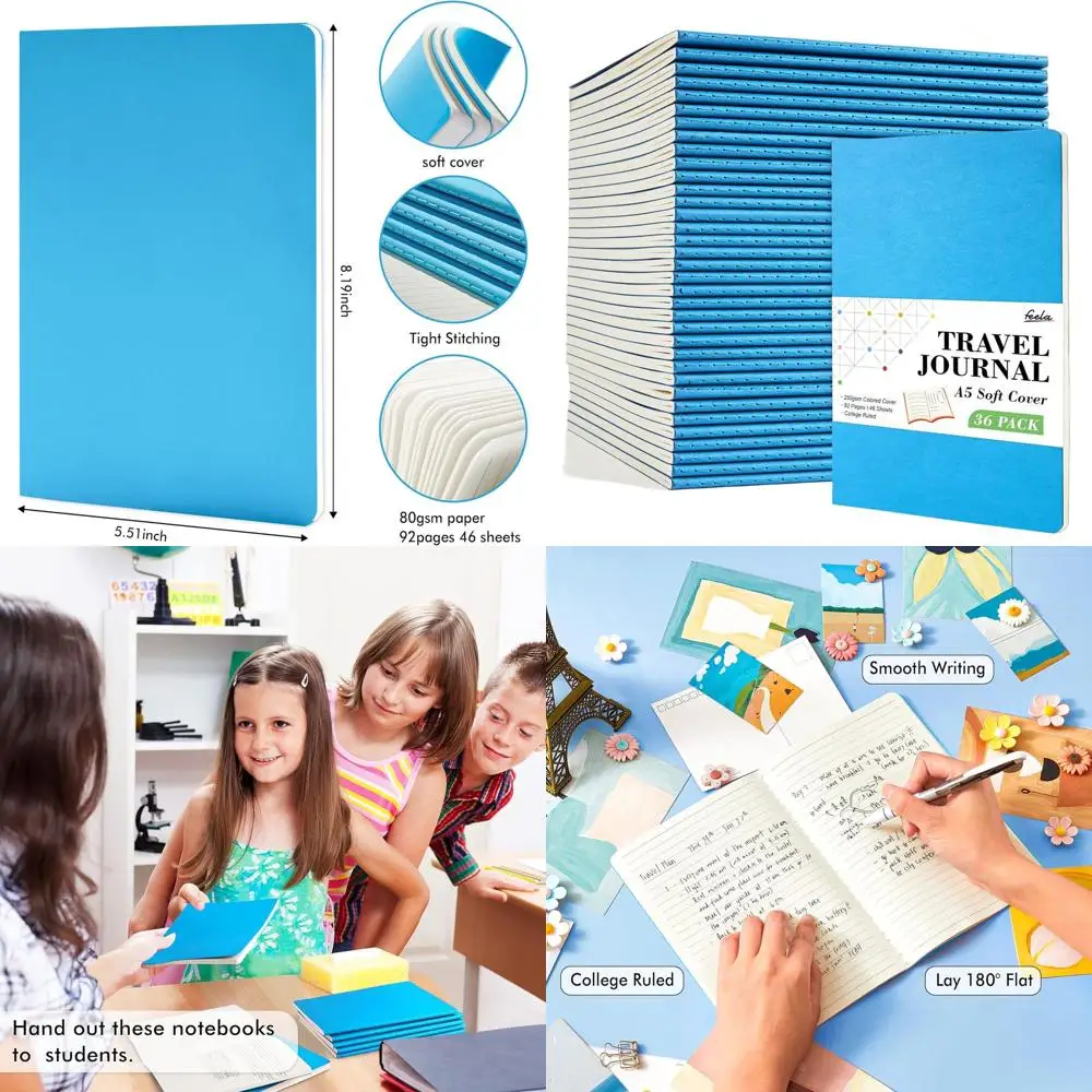 

A5 Lined & Blank Softcover Journals - Travel Notebooks for Men & Women, College Ruled, 8.2x5.5 Inches, Blue