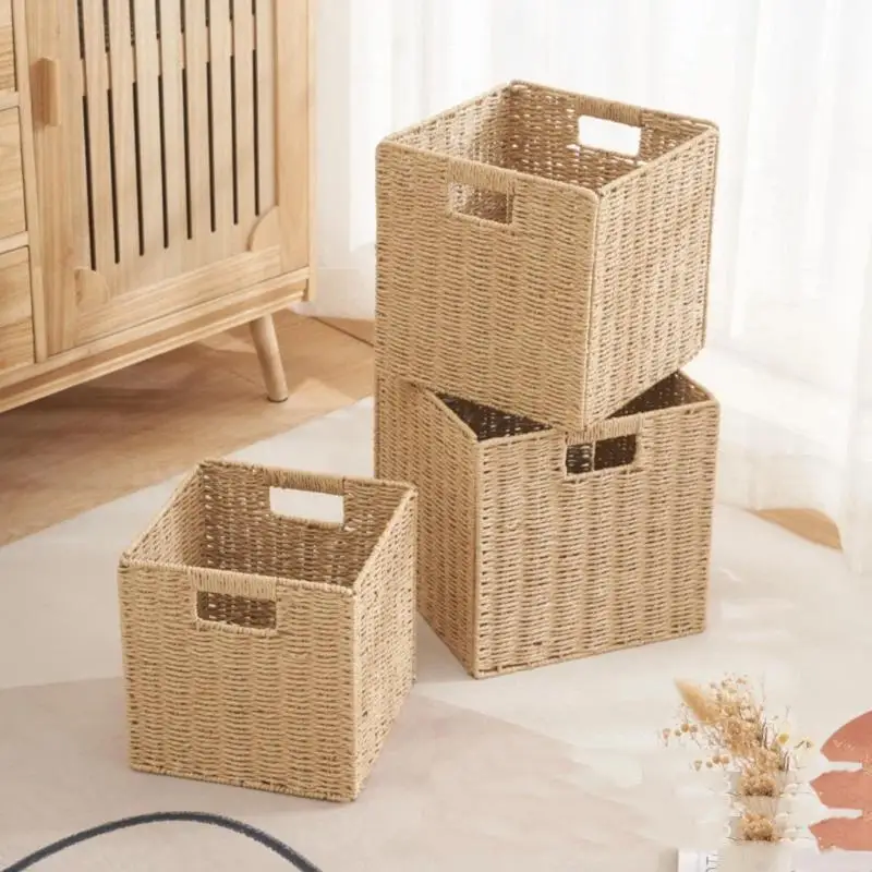 Foldable Hand-woven Imitation Rattan Storage Bin Large Capacity Underwear Socks Basket for Dorm Small Apartment
