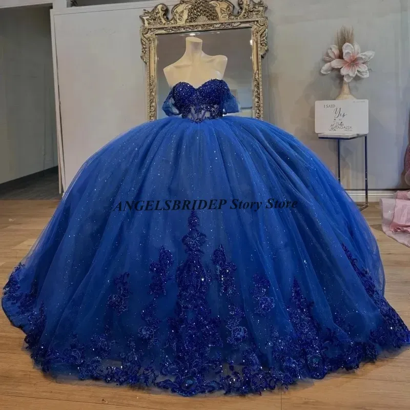 ANGELSBRIDEP Royal Blue Princess Quinceanera sukienki Off ramię aplikacje koronkowe koraliki kryształy słodkie 16. suknia urodzinowa dostosowane