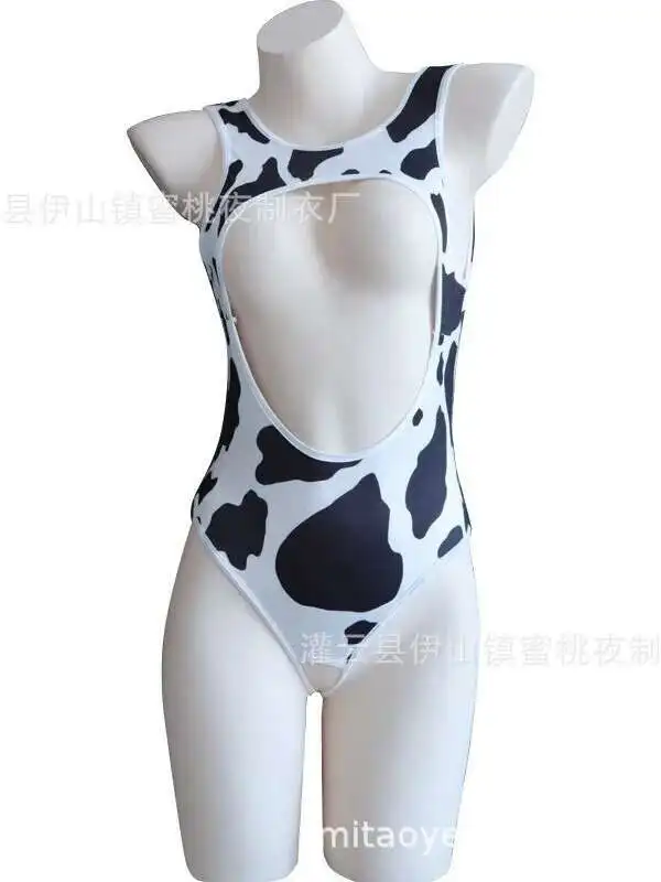 Sexybodysuits Hollow Cow Bodysuit Black And White Stretch Printed Backless Deep V Suspenders Sleeveless Bodysuits Charming P7LH - Image 2