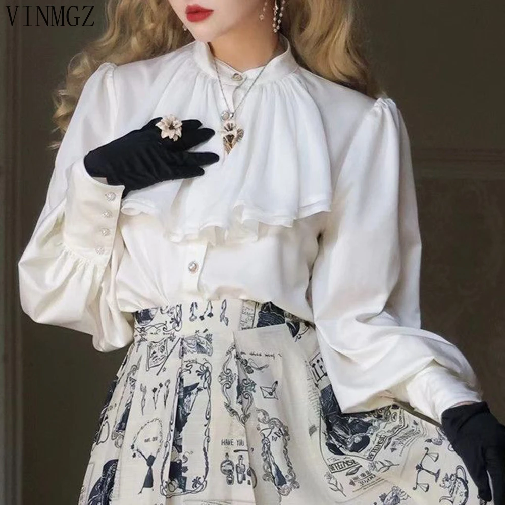 

French multi-layer scarf satin leg of lamb sleeve shirt autumn and winter elegant original witch bounty Lolita shirt