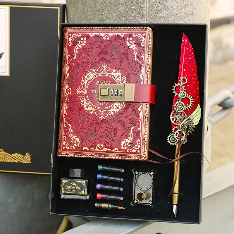 set-regalo-composto-da-un-diario-con-lucchetto-a-combinazione-in-stile-retro-una-penna-a-pennino-antica-e-un-portapenne-in-metallo-un-quaderno-a5-con-codice-di-sicurezza-e-224-pagine-a-righe-carta-da-100-g-m²
