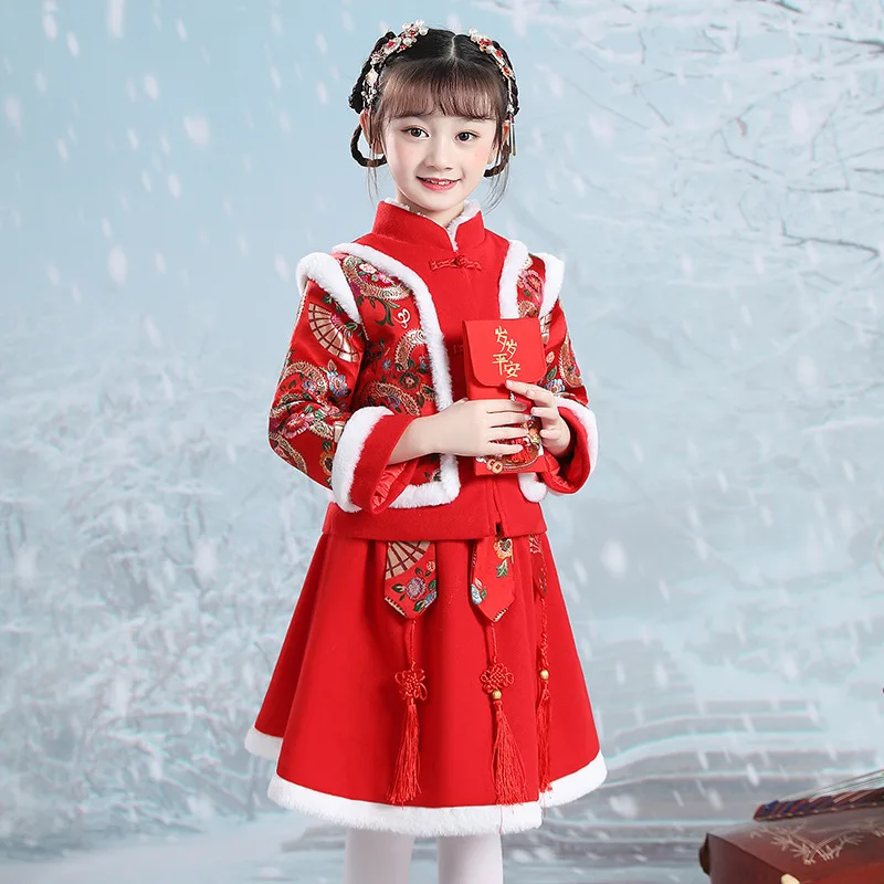 Winter Children Embroidery Ancient Hanfu Chinese Lovely Tang Suit Girls New Year Dress Kids Cotton-padded Clothes