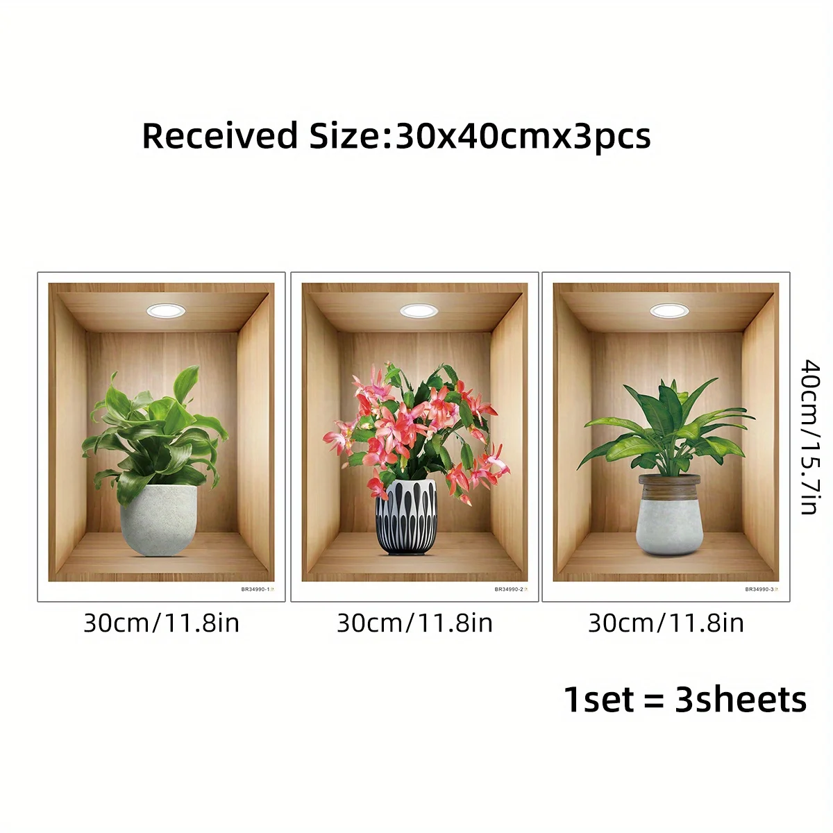 3pcs Watercolor Realistic Potted Flower Plant Wall Stickers Removable for Bedroom Living Room Nursery Decoration Wall Decals
