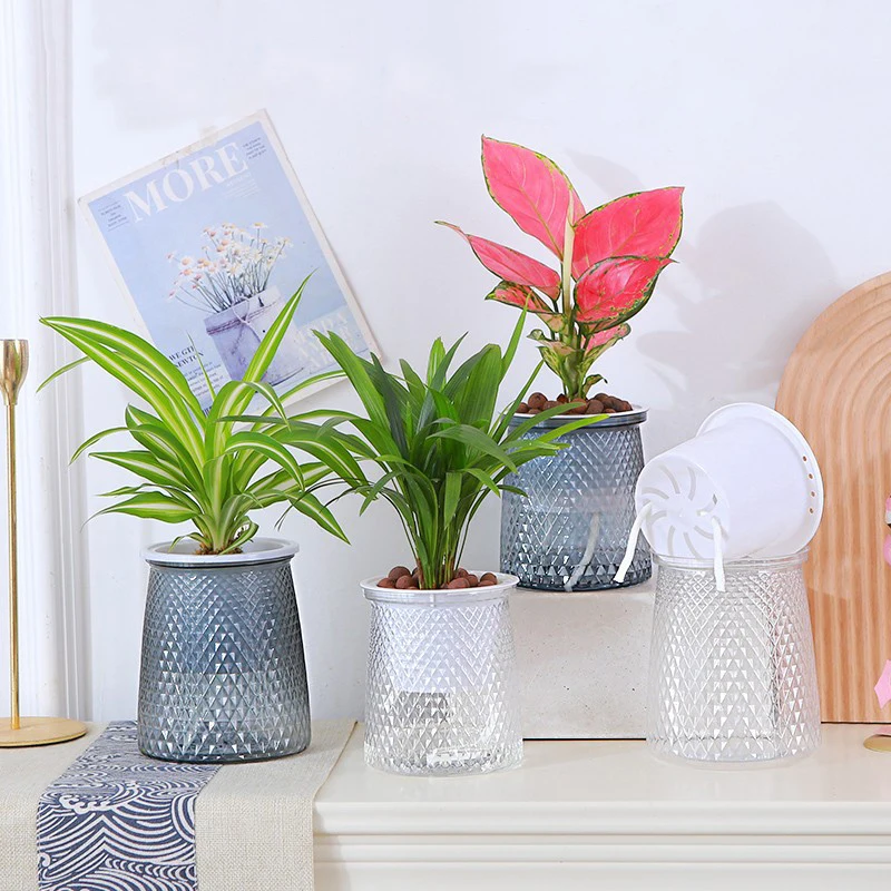 Double-layer Self Watering Plant Pot Plastic Transparent Flower Vase Automatic Lazy Potted Flower Pot Hydroponic Flowerpot Decor