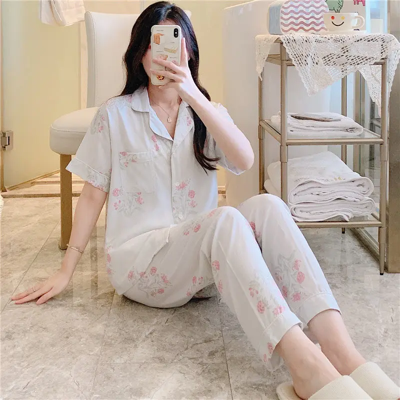Women's Summer Explosion Sweet Temperament Loungewear Flower Cotton Silk Suit Short-sleeved New Cardigan Cotton and Silk Pajamas