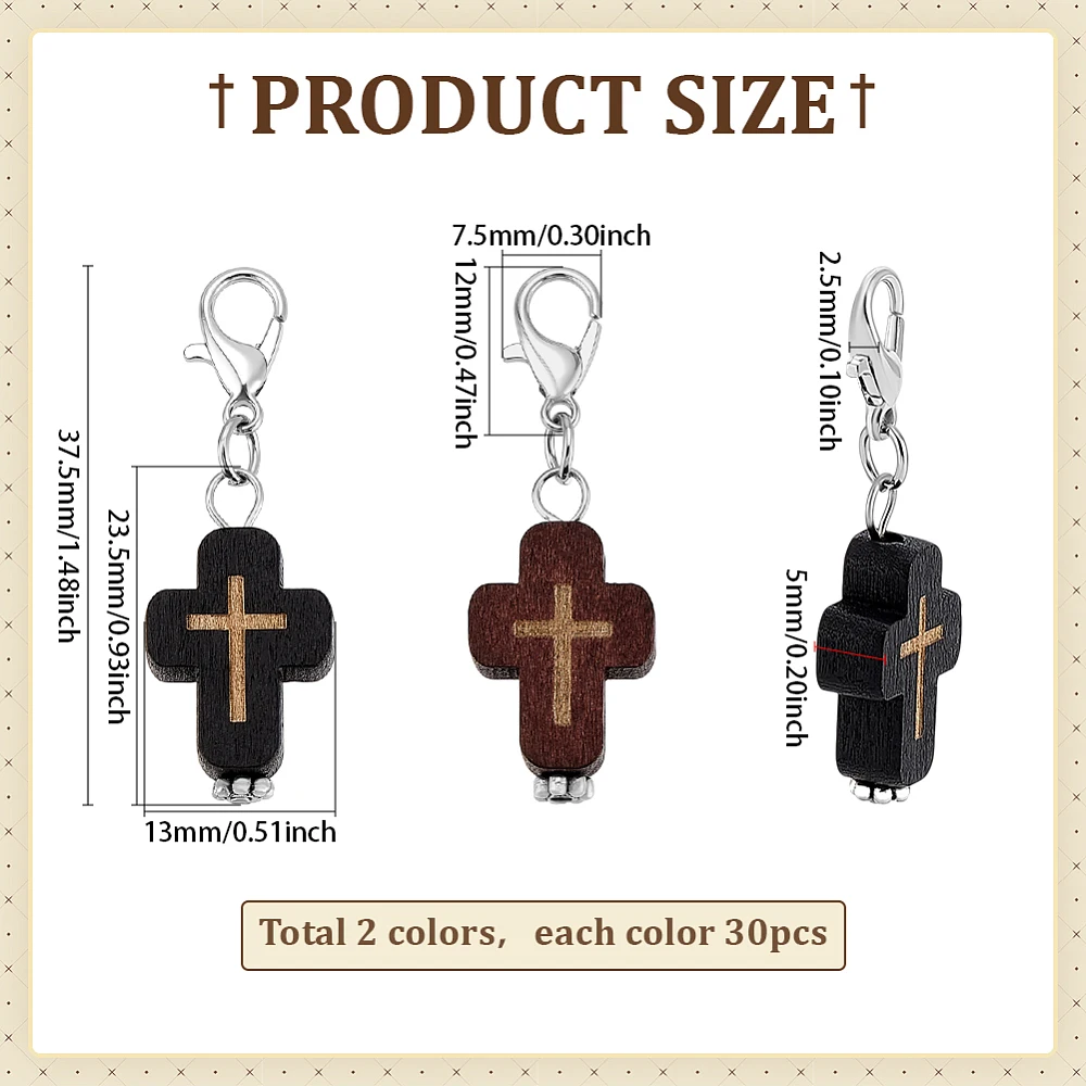 60pcs Wood Charms 2 Colors Clip-on Pendant Mini Crosses Stitch Marker Charms with Lobster Clasp for Easter Necklace Jewelry