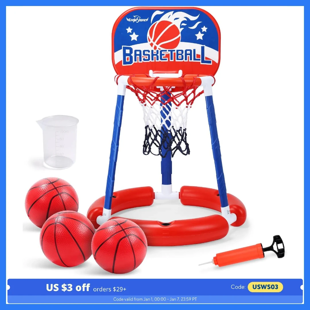 EagleStone Pool Basketball Hoop Set, Backboard, 3 Balls, Pump, Ages 2-12