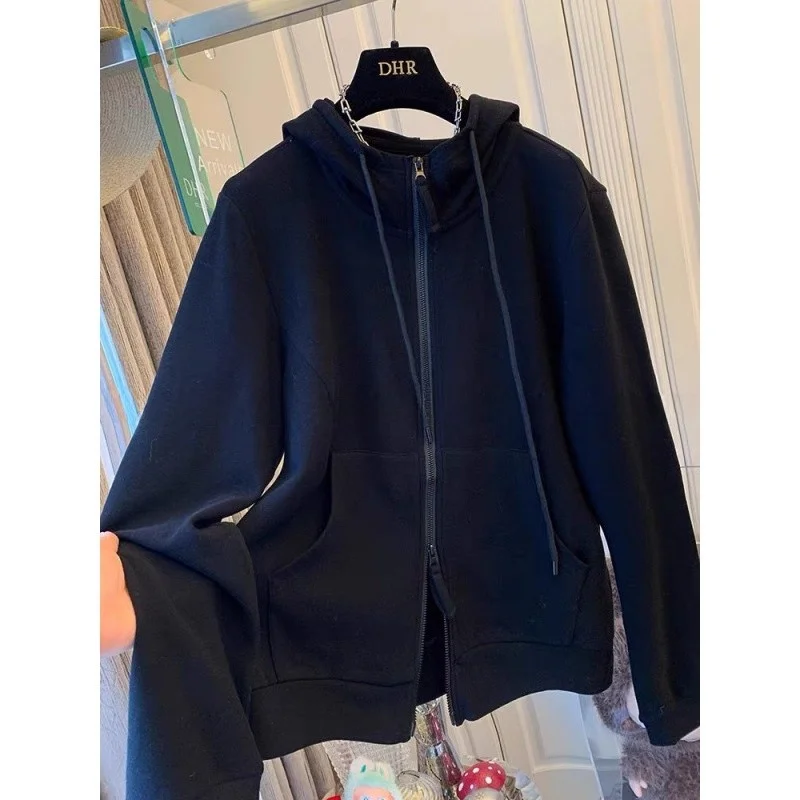 

Свободная толстовка-худи унисекс из вельвета с двойной молнией, повседневная верхняя одежда в корейском стиле, модная, осенне-зимняя