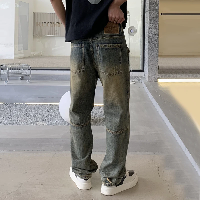 American Retro Yellow Mud Dyed Jeans Men's 2024 Fashionable Nostalgic New Ruan Handsome Slim Straight Mop Trousers