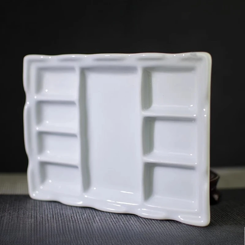 8 Well Ceramic Palette High Color Rendering Easy To Clean for Acrylic Watercolor Gouache Oil Painting Color Mixing Pen Shelves