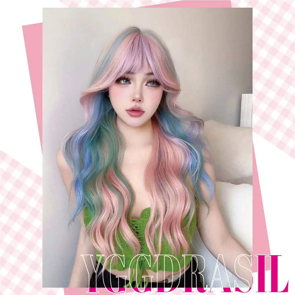 28Inch Vibrant Girl Style Rainbow Color Multicolour Synthetic Wigs With Bang Long Wavy Hair Wig For Women Cosplay Heat Resistant