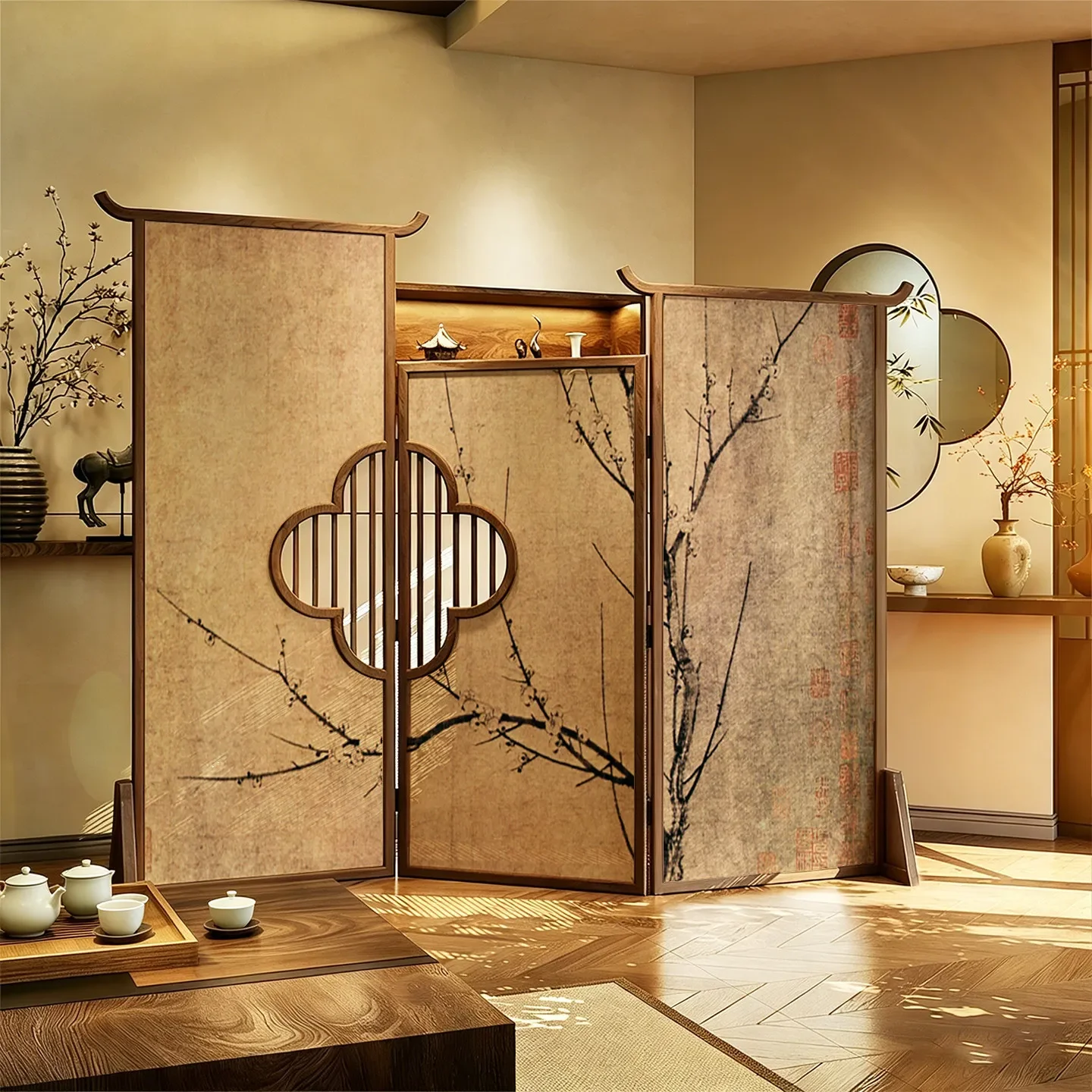 DSA Chinese screen partition Song-style aesthetic tea room hotel clubhouse background wall decoration foldable mobile solid